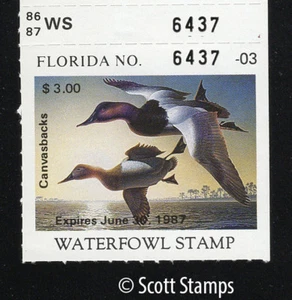 FL8 FL8H 1986 Florida Duck Stamp - MNH - Canvasback - Hunter Stamp with Tab - Picture 1 of 1