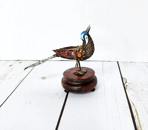 Chinese Export Jeweled, Sterling Silver, & Enameled Small Bird on Wood Stand - Picture 1 of 10