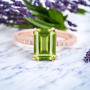 14k Rose Gold 8x6 MM Emerald Cut Natural Peridot Cubic Zirconia Bridal Ring - Picture 1 of 5