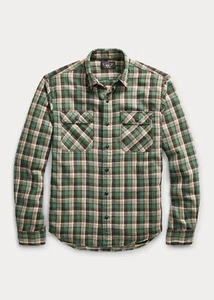 2017 RRL Cotton Shirt Work Green Shirt *Defects Plaid Check Men's Large L - Picture 1 of 2