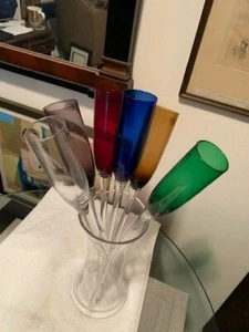 Exciting 6 Multi-Colored Crystal Champagne logo flutes and Vase - Picture 1 of 8