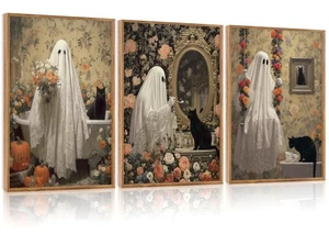 Juego de 3 arte de pared de lienzo enmarcado fantasma de Halloween, decoración de pared espeluznante, linda flor... - Imagen 1 de 7