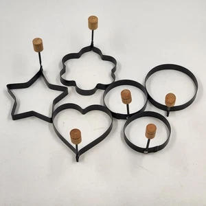 6 Pancake Egg Ring Molds Cookie Cutters Star Heart Round Flower Wood Handles - Picture 1 of 10