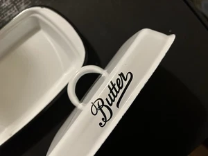 White Enamel Home Butter Dish with Lid, Countertop Butter Holder Container - Picture 1 of 10