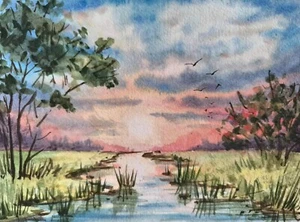Original Painting Artwork Watercolor Modern Landscape Seascape Arts Cler Rive A5 - Picture 1 of 8