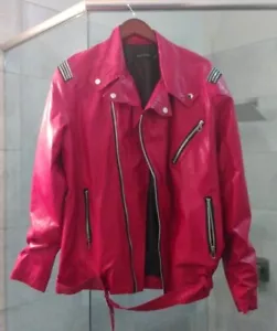 Red Leather Jacket Vintage 1980s Hasding DST Zipper Belt Full Zip Womens XL - Picture 1 of 4