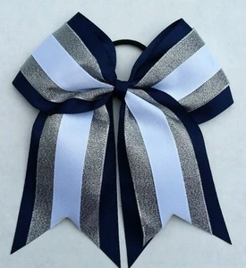 8" Navy Blue, silver, White, Big Cheer Bow, Softball, Cheerleading Soccer sports - Picture 1 of 3