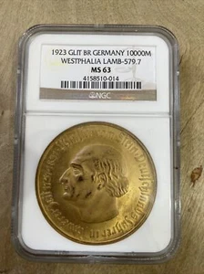 1923 Germany Westphalia 10000 Mark Glit BR Lamp-579.7 MS63 coin. Last One Piece - Picture 1 of 2