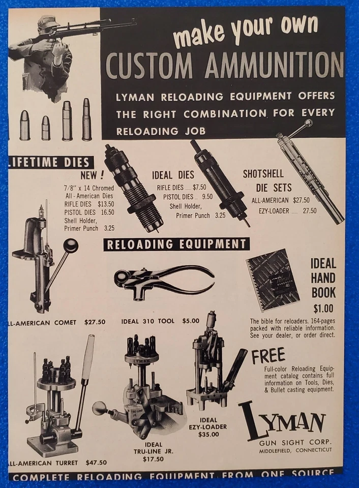 Lyman 1957 herramientas de recarga y accesorios anuncios impresos originales pistolas/munición/caza Foto 1 de 1