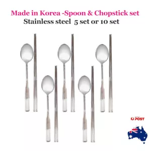5 or 10 Sets Stainless Steel Korean Dinnerware Spoon Chopsticks, Made in KOREA - Picture 1 of 6