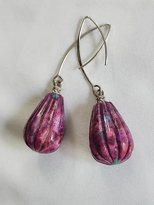 Barse 925 Sterling Silver Purple Turquoise Carved Tear Drop Dangle Earrings (89) - Image 1 of 4