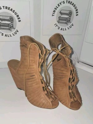 Nuevo Damas Tostado 4.5" Alto Tacón de Cuña Con Cordones Correa al Tobillo Zapatos MUJERES Talla 8.5 Foto 1 de 4