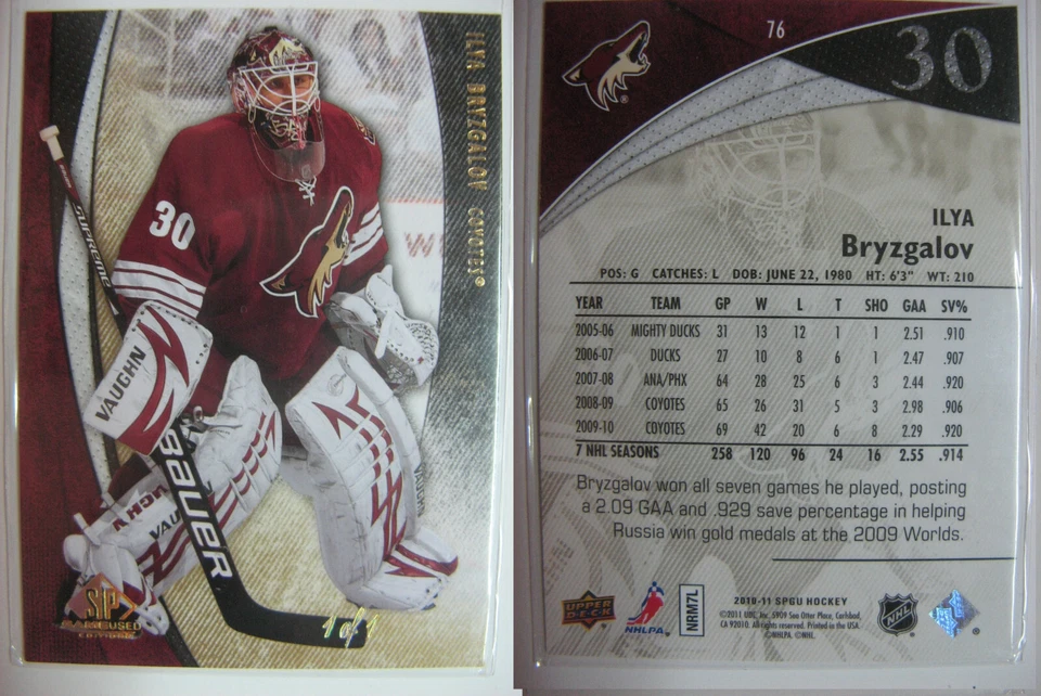 2010-11 SP Juego Usado Edición Gold Spectrum #76 Ilya Bryzgalov 1/1 Foto 1 de 1