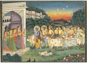 Radha Krishna Painting Of Religious Art For Wall Hanging On Silk 17.5x13 Inches - Picture 1 of 8