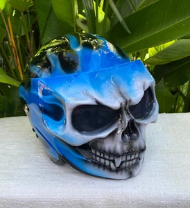 Custom Motorcycle Helmet Blue Flames Airbrush 3D Skull Ghost Rider Helmet - Picture 1 of 12