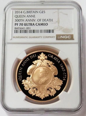 2014 GOLD 328 MINTED GREAT BRITAIN 5 SOVEREIGN QUEEN ANNE DEATH NGC PF 70 UC - Image 1 of 2