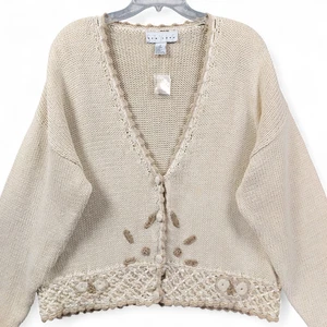 VTG Style New York M Beige Knit Cardigan Boho Crochet Hem Grandmacore Lagenlook - Picture 1 of 12