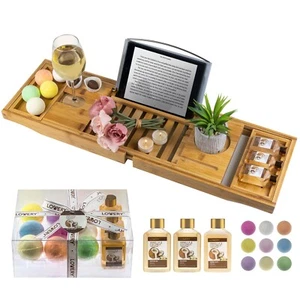 Bamboo Bathtub Caddy Tray Gift Set - Home Spa Bath Body Set - Picture 1 of 11