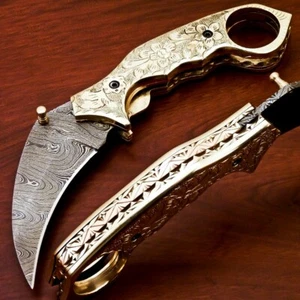 Damascus Folding Pocket knife Karambit KnifeHandle Walnut Wood w Pocket Clip1083 - Picture 1 of 12
