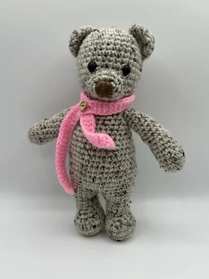 Brown Tan White CROCHET Hand Made Teddy Bear 12” w/Pink Scarf UNIQUE & WELL MADE - Image 1 of 4