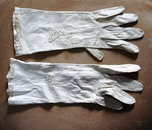 Vintage hellbraun elfenbein Kinder Lederhandschuhe bestickt 10" lang Größe 7    - Bild 1 von 2
