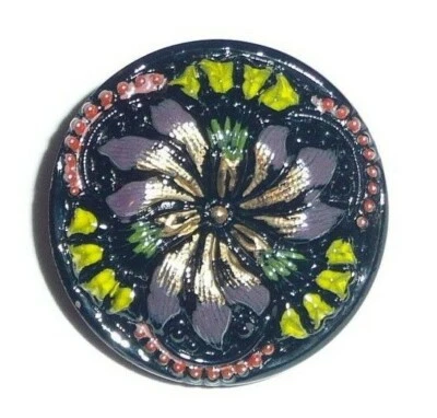 Wonderful Czech Glass Flower Shank Button 23mm Black Opaque w Purple Gold Flower - Image 1 of 4