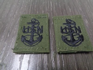 OD GREEN USN SEABEE CPO COLLAR PATCH SETS USED - Picture 1 of 5