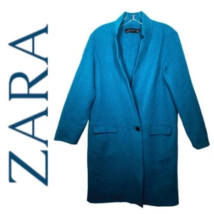 ZARA Teal Blue Wool Blend Longline Hand Made Dress Coat, Size Medium - Picture 1 of 8