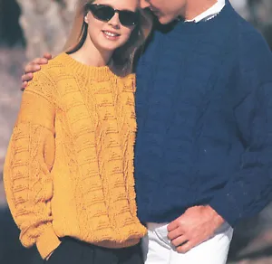 Ladies + Mens Textured DK Round Neck Sweaters Knitting Pattern 32-42 inch - Picture 1 of 1