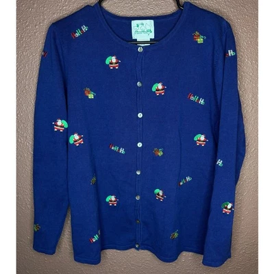 Vintage The Quacker Factory Womens S Blue Santa Claus Christmas Cardigan Sweater - Image 1 of 4