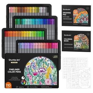 Fineliner Colored Pens, 100 Colors 0.38mm Fine Point Pens with Stencils & Adu... - Picture 1 of 7