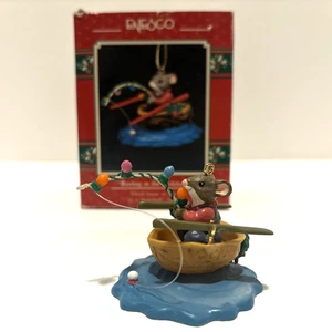 Vintage Enesco Reeling In The Holidays Mouse Fishing Christmas Ornament In Box - Picture 1 of 8
