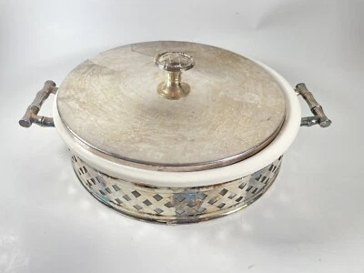 Vintage White Ovenproof plate Serving Dish Silver Cover Handles USA 1118 - Image 1 of 4