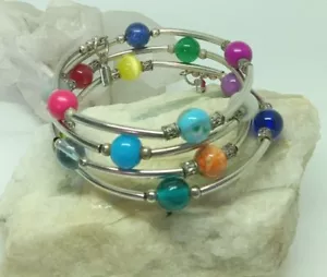 Memory Wire Bracelet Multicolor Stones Tibetan Silver Spacers Cuff Bangle Stack - Picture 1 of 7