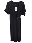 Mango Women's Black Midi Wrap Dress Hoop Detail Short Sleeve V Neck Size 6/M NWT