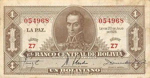 Bolivia  **1  Boliviano  L. 20.7.1928  Series  Z7  Circulated Banknote DD7 - Picture 1 of 2
