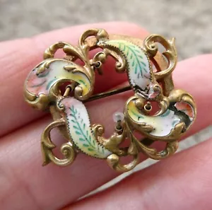 Spilla antica francese Art Nouveau foglie smaltate ottone multicolore COSÌ COM'È - Foto 1 di 16