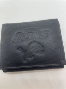 Embossed Detroit Lions Tri-Fold Solid Black LEATHER Wallet Genuine Cowhide VTG? - Picture 1 of 11