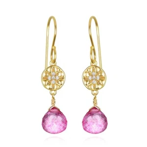 Starburst Dangle Earrings 14k Gold Plated with Pink Topaz Gemstones 1.25" - Picture 1 of 1