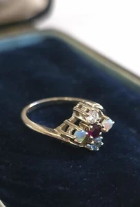 Anello a grappolo oro giallo 14 kt opale granato topazio zirconi misura 5,5 - Foto 1 di 9