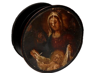 Religiöse Holz Dose mit Malerei auf Leinwand. Um 19.Jh., Ø. 8 cm. T. 45 mm. - Bild 1 von 4