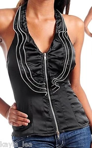 Black Zipper Edged Ruffle Front Smocked Back Halter Top - Picture 1 of 2