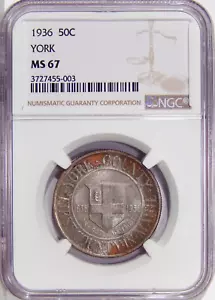 1936 YORK 50c NGC MS 67 ~ HIGH GRADE GEM SILVER COMMEMORATIVE HALF DOLLAR - Picture 1 of 2