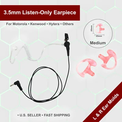 3.5mm Acoustic Tube Listen-Only Earpiece W/ Ear molds for Speaker Microphones - Image 1 of 4