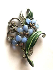 Antique Blue Moonstone Brooch Glass/Enamel Bouquet Silver tone setting unsigned - Picture 1 of 18
