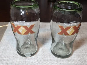 Dos Equis XX Cerveza Beer Pint Vintage Hand Blown Green Rim Glasses Set Of 2 - Picture 1 of 11