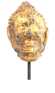 Thailand Mon Period Lacquered and gilded Stucco Buddhist Head - Picture 1 of 8