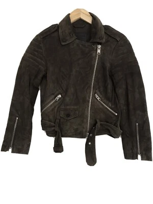 all saints suede jacket - Vintage Hitchen Biker - Khaki & Silver - UK 2 RRP £298 - Image 1 of 4