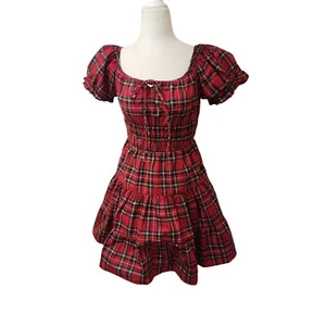 Hot Topic Red Plaid Babydoll Milkmade Tiered Puffed Mini Dress Tie Front XS - Picture 1 of 9