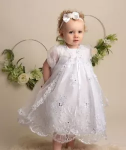 Bebé Niñas Blanco Suave Vestido de Bautizo, Chaqueta y Gorro – Conjunto de Bautizo de Lentejuelas - Imagen 1 de 5